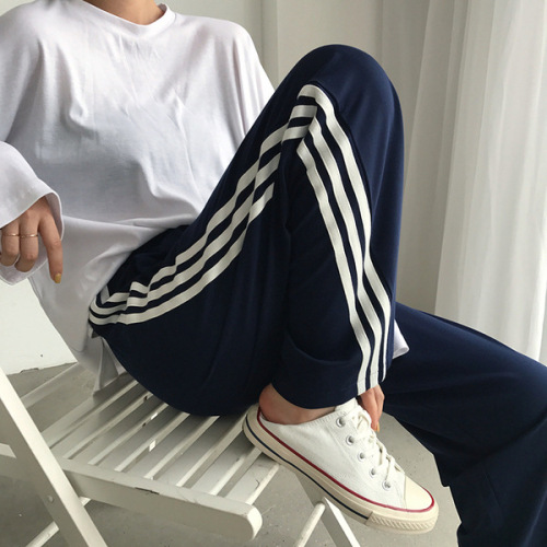 Summer Striped Casual Sporty Pants for Girls, Ins Trendy Loose and Slimming Wide Leg Pants, Short Figures Straight Leg Pants