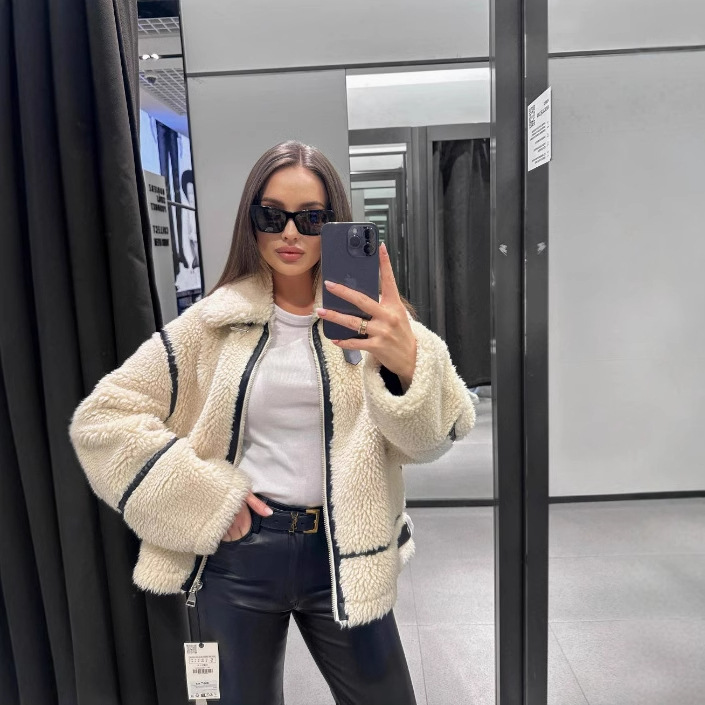 Cross-border European and American Women's AliExpress Explosive Lamb Wool Coat Women's Motorcycle Fur One Locomotive Thickened Coat