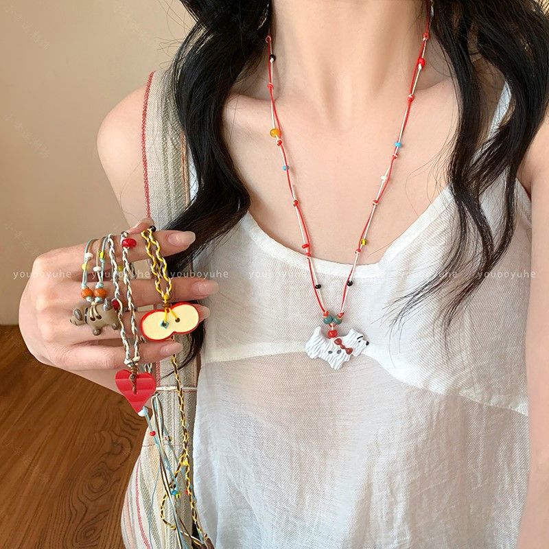 Dopamine Cartoon Colorful Apple Tassel Braided Rope Necklace Women's Cute Niche Long Halter Sweater Chain Accessories