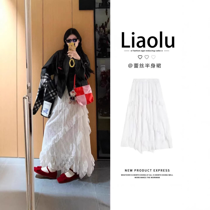 1 White Lace Trim Skirt for Women 2025 New Summer High-Waisted A-Line Mid-Length Cake Skirt Tulle Skirt