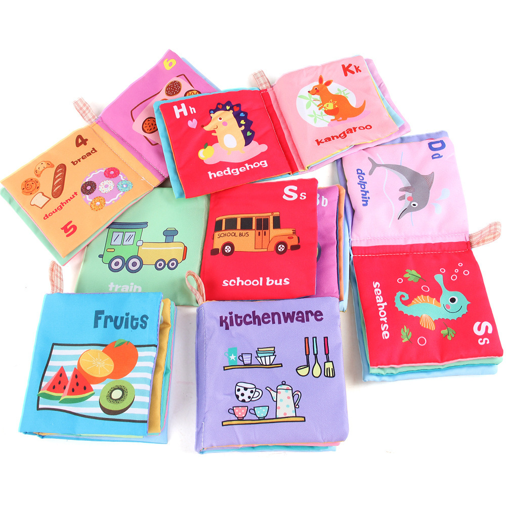 Cuatro libros de tela tridimensionales transfronterizos para bebés juguetes de educación temprana 4 caras 8 páginas libros de palma de frutas y alimentos animales cognitivos libros de tela para bebés