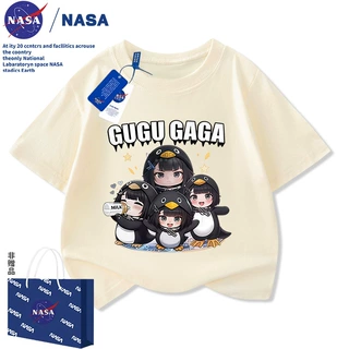 NASA卡通可爱咕咕嘎嘎企鹅女童短袖夏季纯棉透气中大儿童半袖上衣