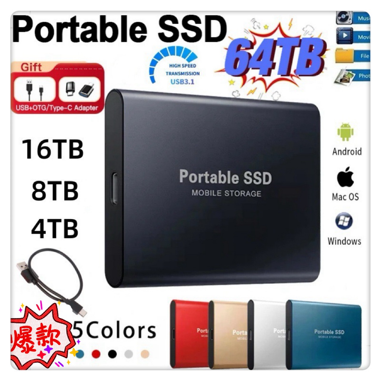 Comercio exterior transfronterizo suministro directo de discos duros de estado sólido móviles 4TB, 2TB, 1TB SSD portátil