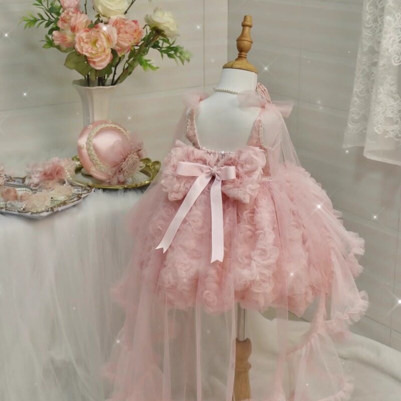 Pink Girl's Hostess Dress, June 1St Birthday Flower Girl Party Trailing Dress, Stunning Banquet Princess Dress for Everyday Wear