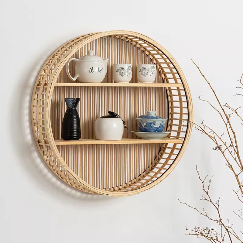 Nordic Rattan Wall Hanging Storage Rack Hand-Woven Bamboo Wall Hanging Basket B&B Decoration Two-Layer Wall Storage Rack