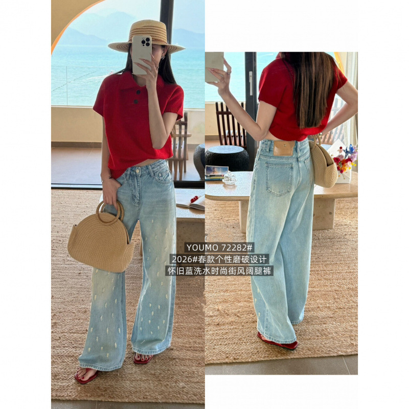 Suxinlan/Youmo - Wide-Leg Pants in Light Blue with a Vintage Distressed and Ripped Design, Stylish Wide-Leg Jeans 72282 Suxinlan/Youmo - Wide-Leg Pants in Light Blue with a Vintage Distressed and Ripped Design, Stylish Wide-Leg Jeans 72282