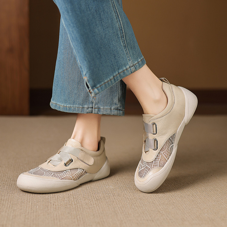 Giày sneaker nữ phối màu da thật lỗ thoáng khí đế bệt buộc dây kết hợp miếng dán — màu trắng ngà chi tiết 45