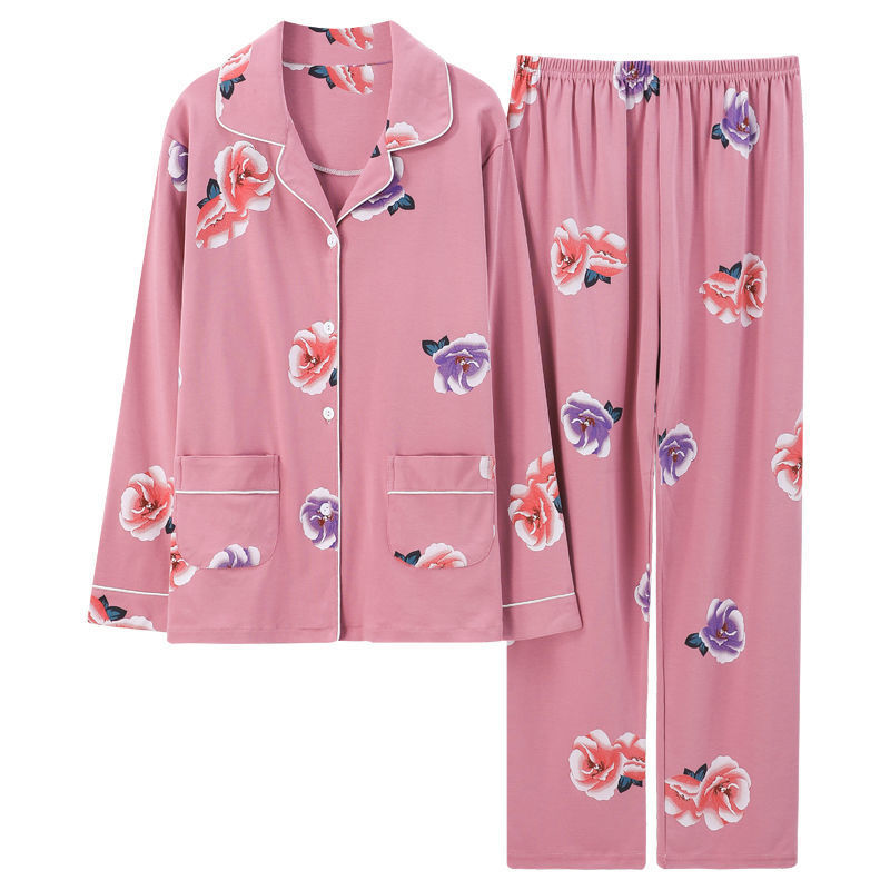 Pijamas de algodón puro primavera y otoño de las mujeres de manga larga más el tamaño cardigan traje de las madres de mediana edad y ancianos ropa de casa al aire libre