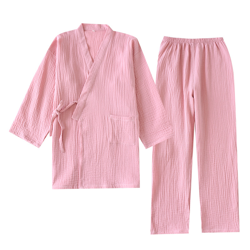 カップルの和装パジャマ春夏の薄いタイプの綿のクレープの男性の浴衣は家の服のセットを持っています。