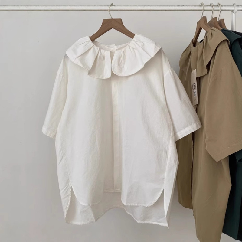 Solid Color Short-Sleeve Shirt 2025 Artistic Japanese Mori Girl Style Doll Collar Single-Breasted Design Versatile Casual Top