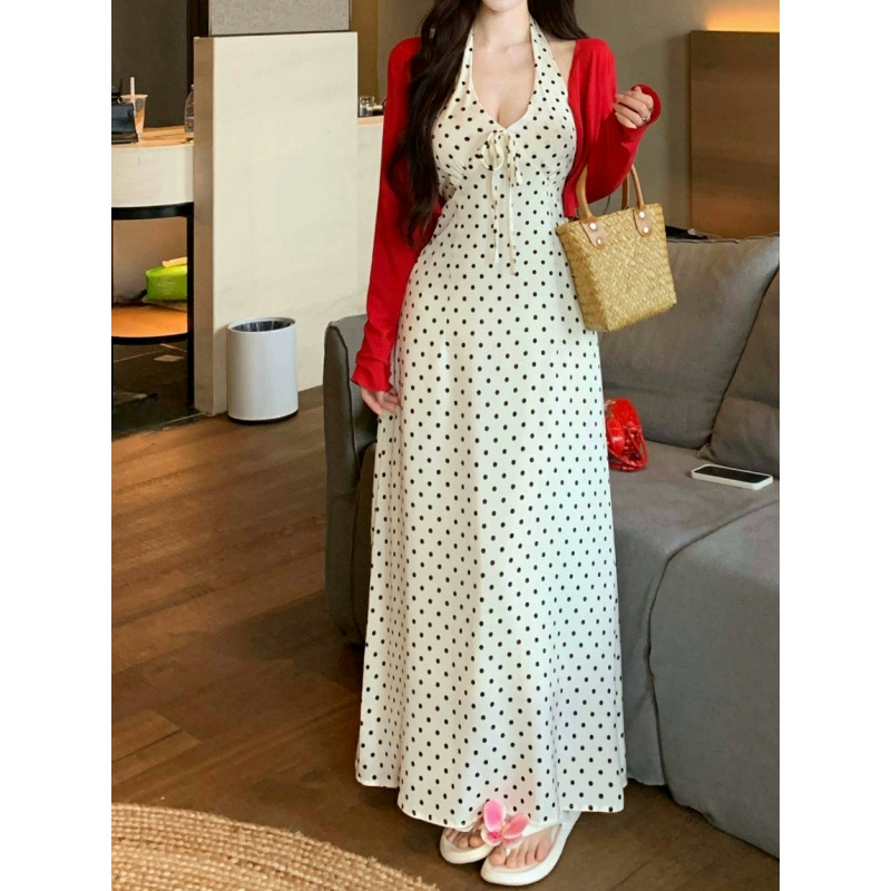 Retro red cardigan, summer jacket, dress, set