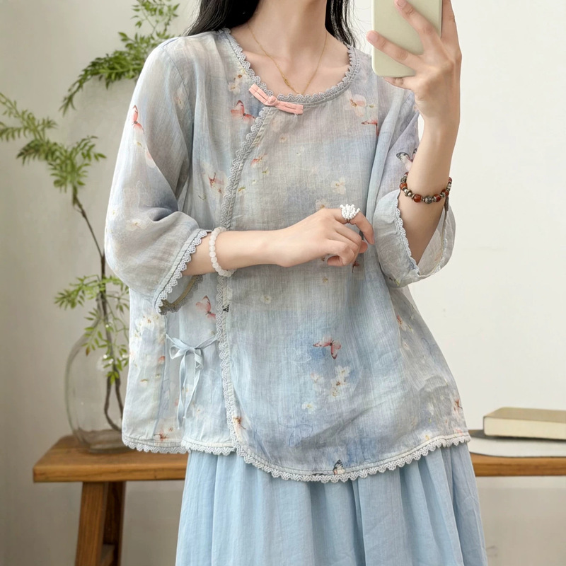 Ramie Shirt with a Stylish Design, Buttoned Diagonal Placket, Tie-Up, Printed Three-Quarter Sleeves, New Summer Blouse for Women 6009 Ramie Shirt with a Stylish Design, Buttoned Diagonal Placket, Tie-Up, Printed Three-Quarter Sleeves, New Summer Blouse for Women 6009