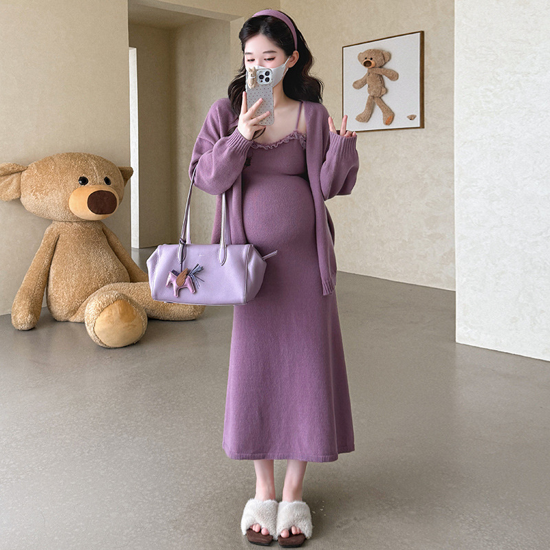 孕妇连衣裙秋装潮妈新款孕期高级感穿搭秋冬法式花边吊带裙两件套|undefined