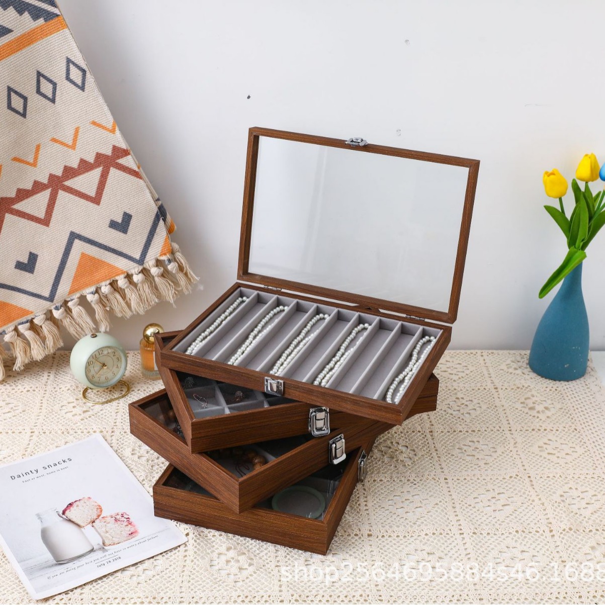 New Black Walnut Wood Grain Dustproof Jewelry Box Necklace Bracelet Bracelet Ring Ear Nail Box Storage Box