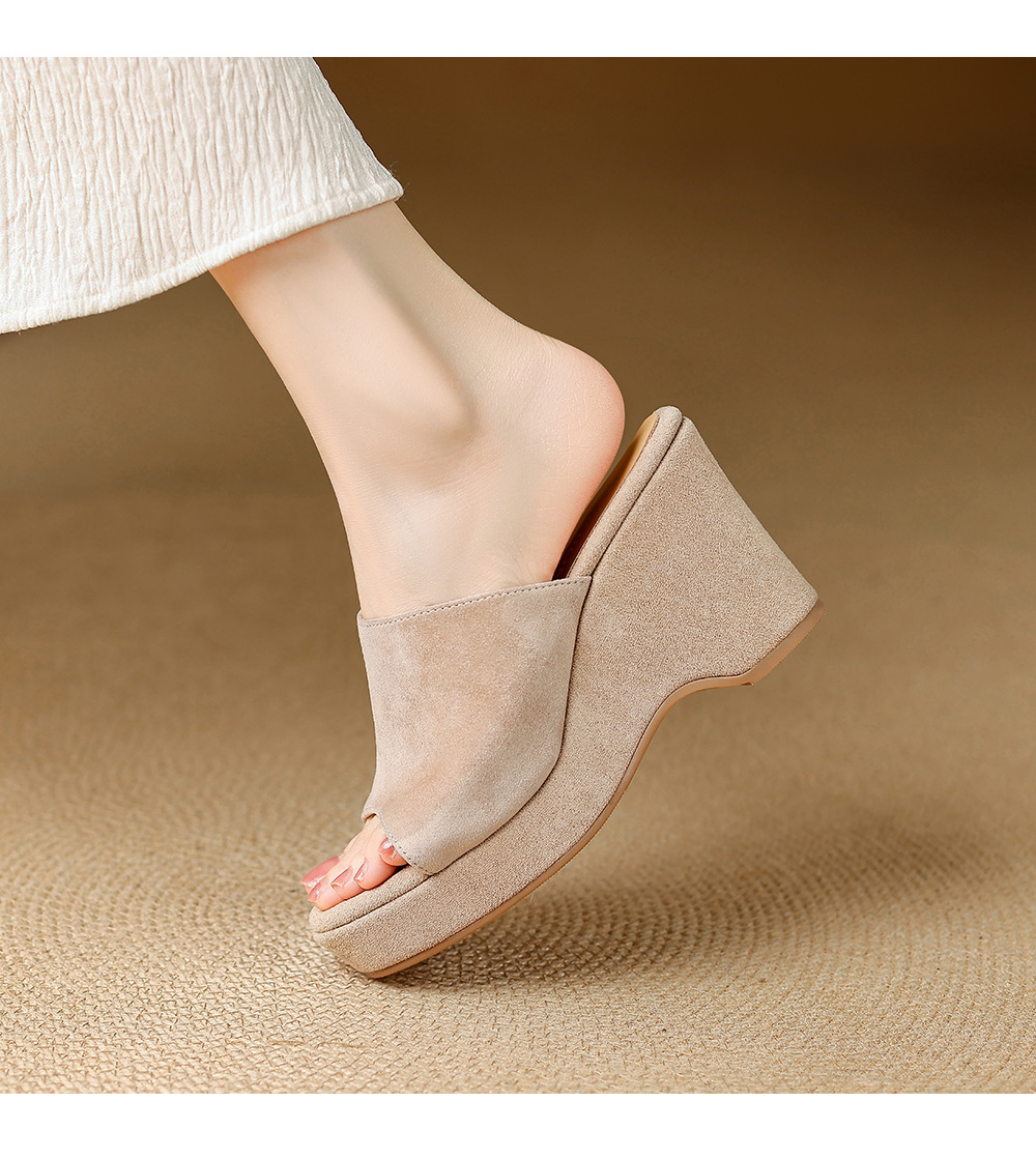 Sandal cao gót nữ đế xuồng 9cm quai ngang hở mũi chất liệu da lộn — màu đen, màu mơ chi tiết 7