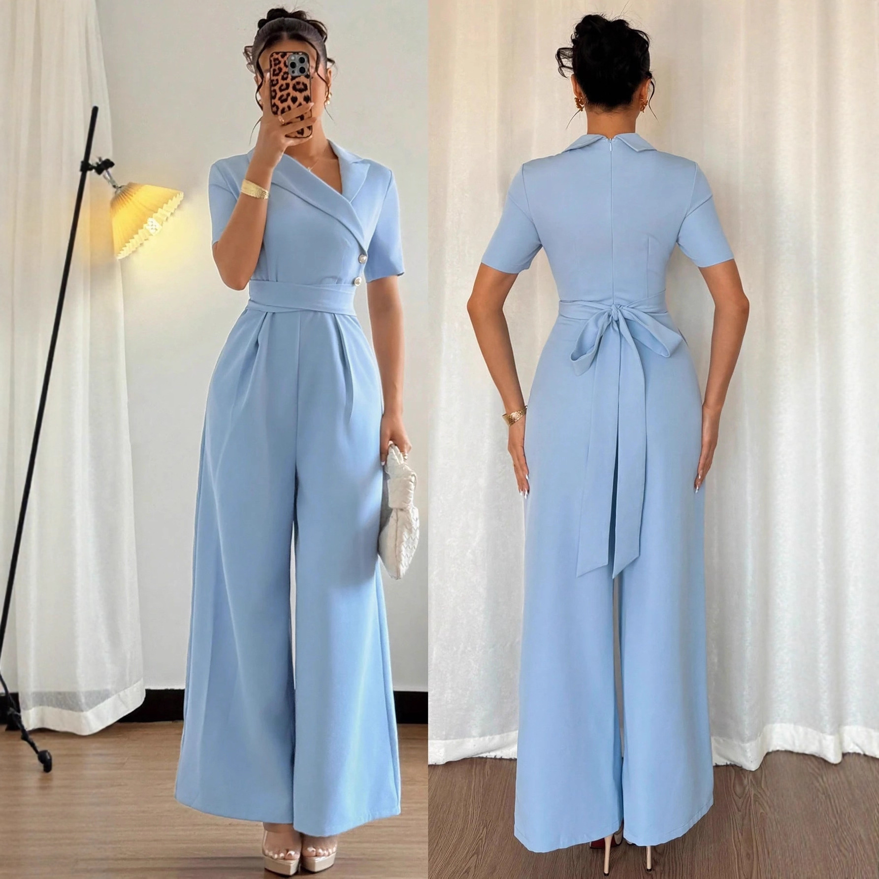 Cross-Border European and American Women's Spring and Summer Elegant Blue Slant Collar Belted Slim Fit Jumpsuit