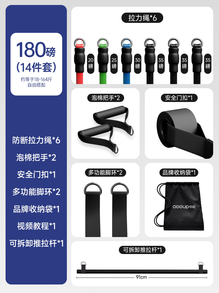[프로페셔널 + 탈부착형 푸시풀바] 14종세트/고탄성, 파손방지 180파운드 - [기초체력이 있는 남성/여성에게 권장되는 만능 트레이닝]