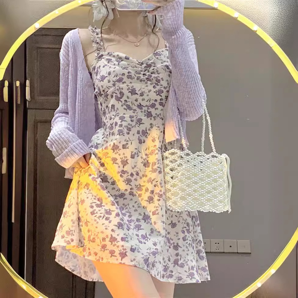 紫色碎花雪纺吊带连衣裙女装夏季新款法式小个子气质短裙子两件套