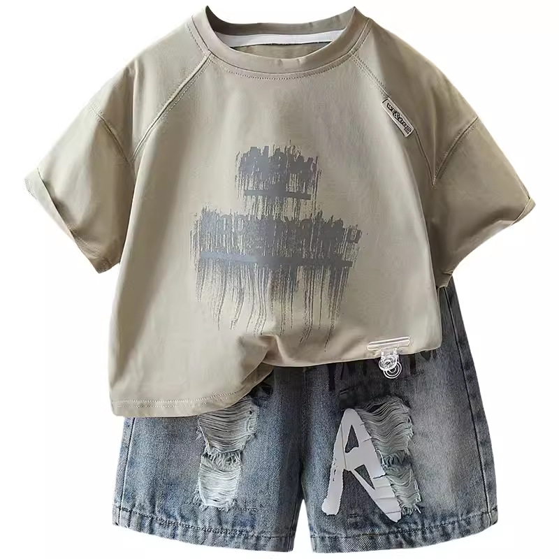 7268 Traje de verano para niños 2025 Nuevo vestido de verano para bebés Camiseta de manga corta Han Fan Red para niños Juego de dos piezas Tendencia 5