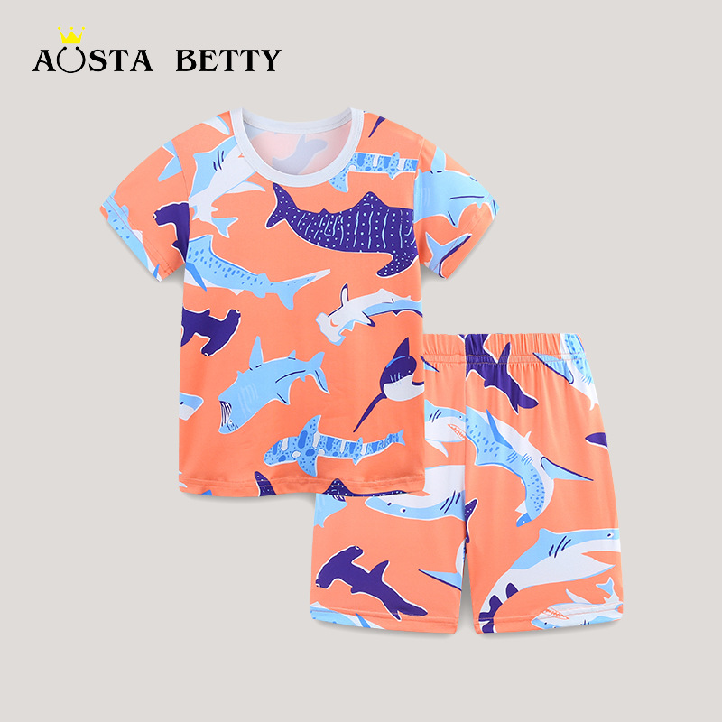 AostaBetty verano nuevo estilo niño ropa a domicilio de manga corta traje de dos piezas estilo europeo y americano cuello redondo casual para niños