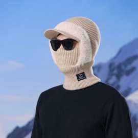 毛绒线针织围脖一体鸭舌帽子冬男士加绒防风寒连体帽户外骑车脖套