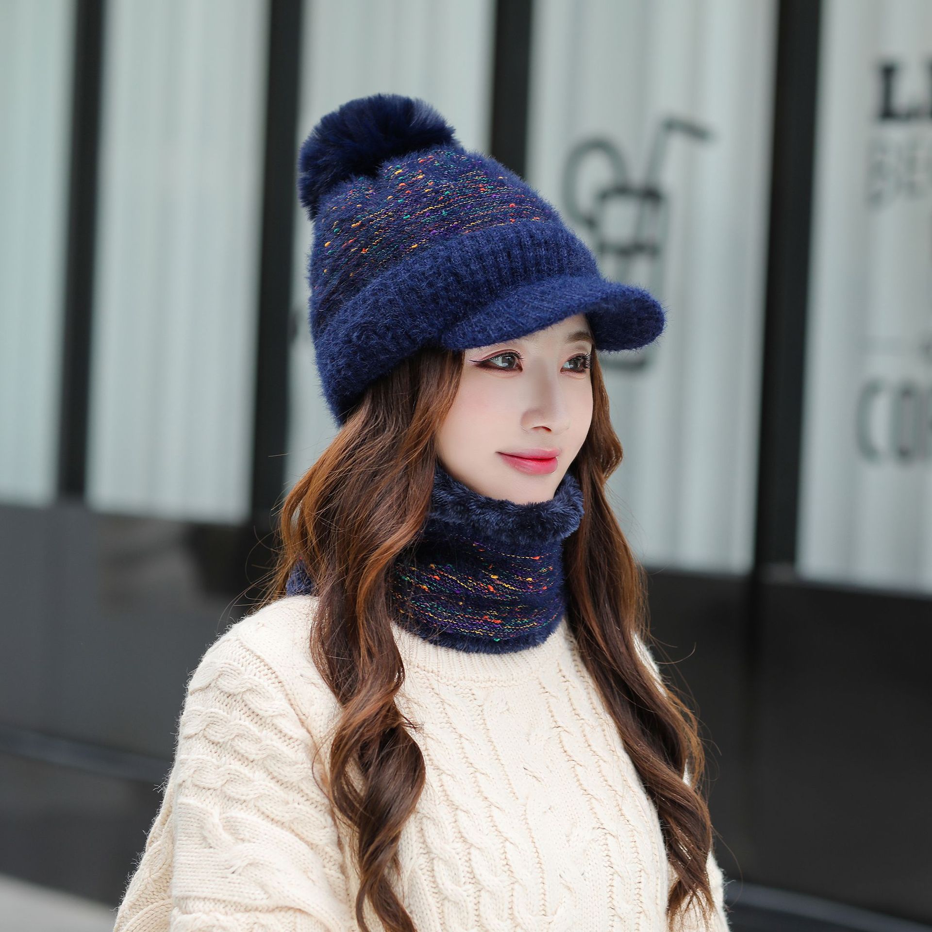 Sombrero de lana enarbolado para mujer Otoño e Invierno estilo coreano de moda bufanda a prueba de frío cálido conjunto de dos piezas sombrero de punto forrado de lana