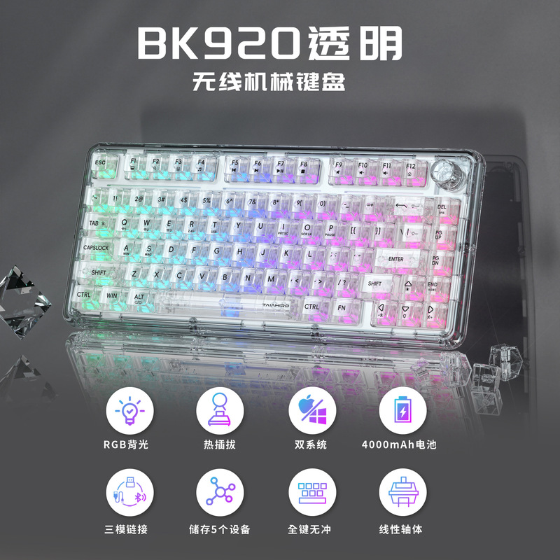Three-mode wireless knob, hot-swappable, transparent mechanical keycaps, gaming, customizable, esports, 80-key, mixed-color backlighting