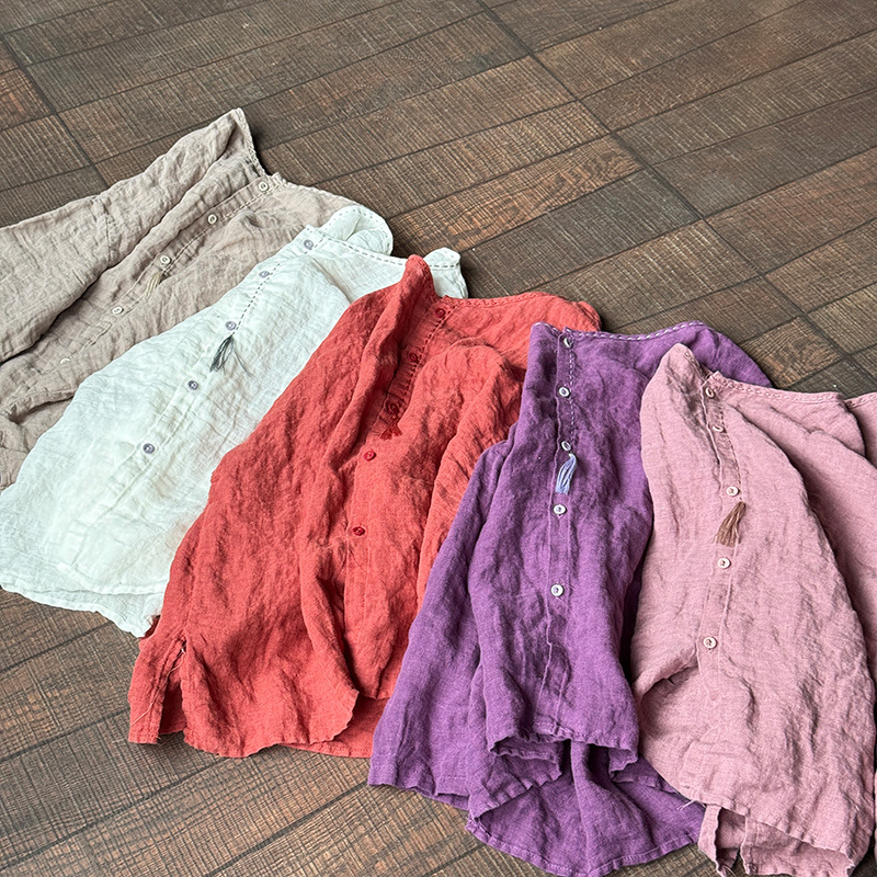 261 plus size Sand Wash Thinning Linen Handmade Embroidery Line Cardigan Clothing Washed high quality Casual Shirt Women's Clothing