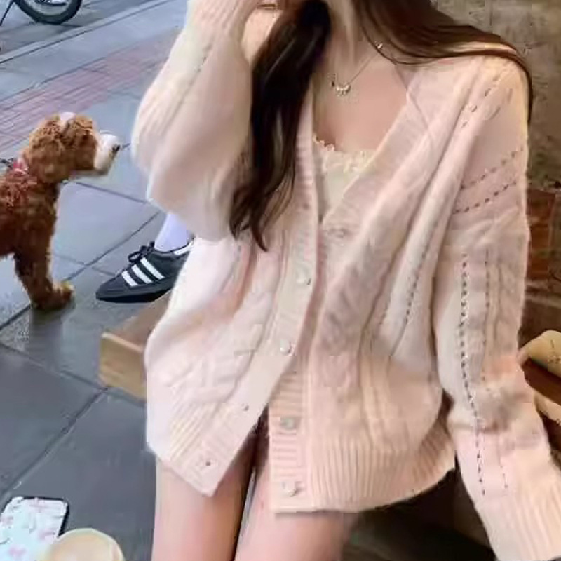 Fairy Gentle Style Soft and Waxy V Neck Knitted Cardigan Women's Pink Spring Loose Lazy Twist Sweater Jacket Top