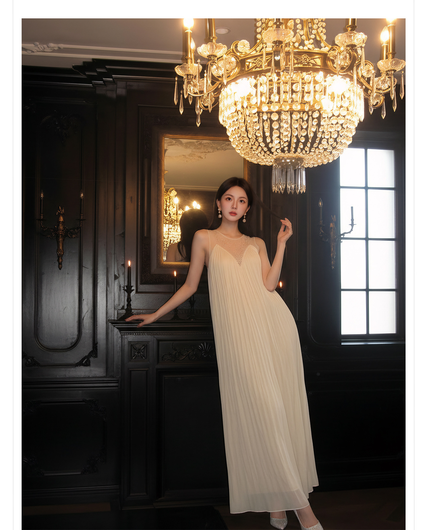Đầm maxi nữ thắt eo không tay, cổ tròn, phối ren và vải lưới đính đá, tay áo xếp ly bồng — màu nâu, màu mơ chi tiết 12