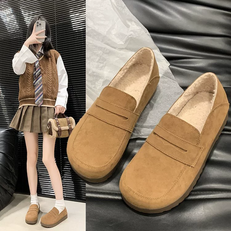 Matte demi-season footwear, fleece loafers for leisure, 2024 years, soft sole
