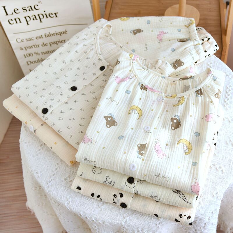 Cartoon Women's pajamas cotton double-layer gauze home wear soft and comfortable crepe Cotton Four Seasons long-sleeved trousers suit New