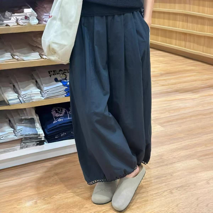 跨境日系灯笼阔腿裤女年夏季薄款藏青色裤子显瘦小个子花苞九分裤|undefined