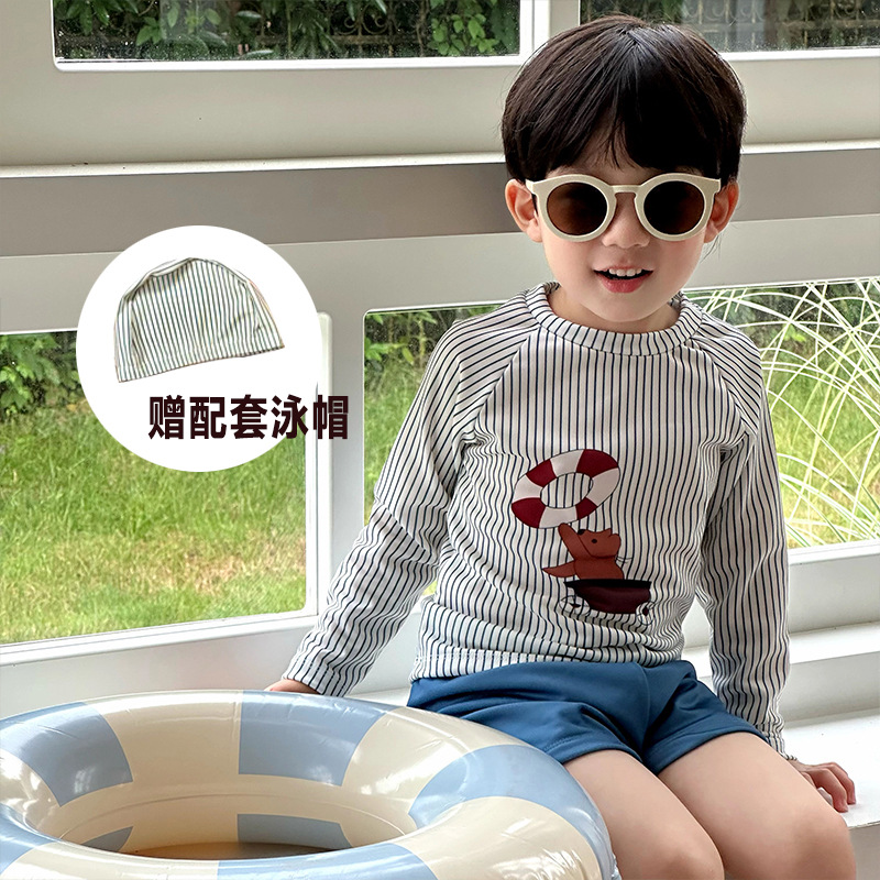 New Children's Split Swimsuit for Boys and Girls, Long-Sleeved Sun Protection Swimsuit and Pants Set, Cute Bear Hot Spring Vacation Swimsuit