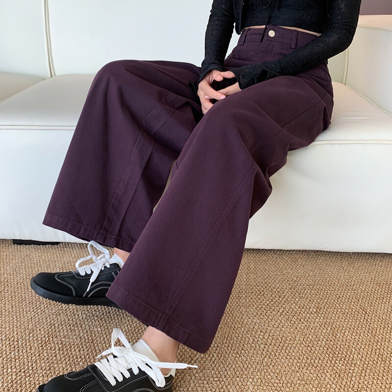 Plum Purple Washed Cotton Denim Wide-Leg Pants for Women, Autumn and Winter New Style, Versatile Outer Wear, Straight Casual Nine-Point Pants for Small People