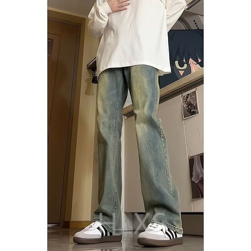 Casual American-style high-street basic washed, vintage-look, uniquely dyed in yellowish-brown Vibe-style mid-rise straight-leg denim pants