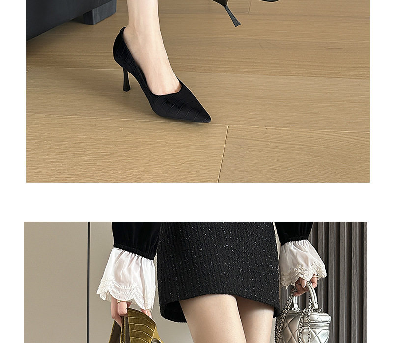Giày cao gót nữ mũi nhọn gót 6–8 cm họa tiết da cá sấu, chất liệu nhung, cổ thấp — Xanh lá cây, màu đen chi tiết 9