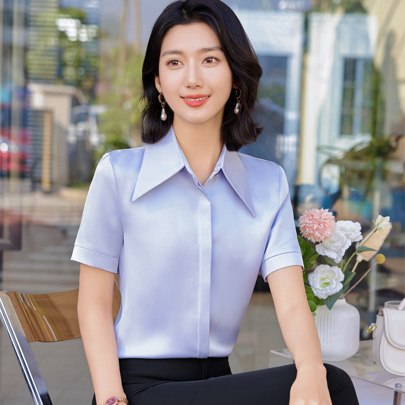 Spring new all-match satin bottoming shirt Western style loose professional hotel work clothes shirt women's plus size small shirt top