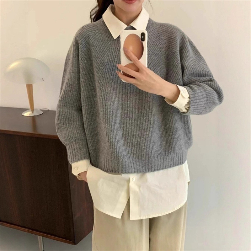 日系慵懒风休闲套头毛衣女秋冬季宽松软糯针织衫跨境上衣两件套装|undefined