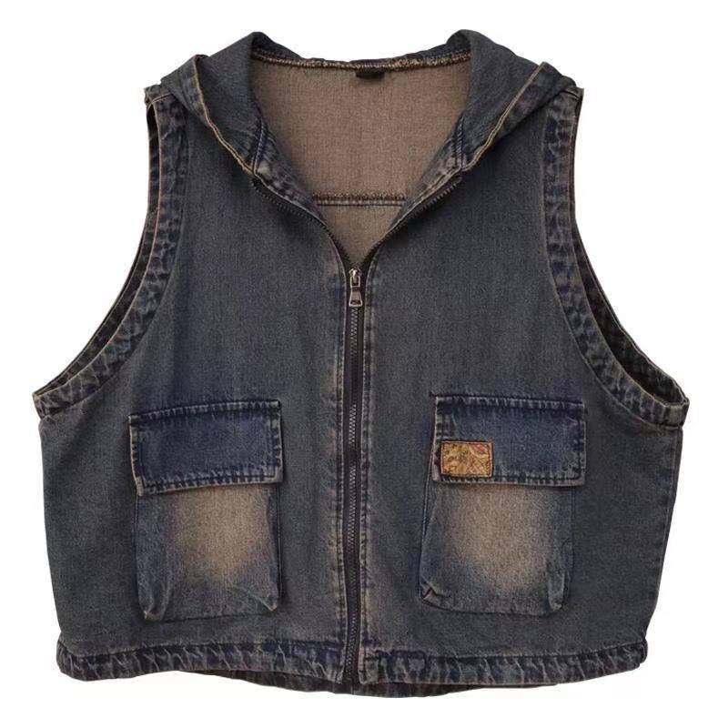 Women's hooded denim vest, new style for spring and autumn, plus size, loose fit, literary and retro style, vest, shoulder bag, jacket
