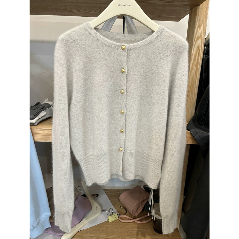 Comfortable and Loose-Fitting Short Cashmere Knit Cardigan for Women, Spring and Autumn Round-Neck Sweater Coat, Petite Wool Top with Long Sleeves