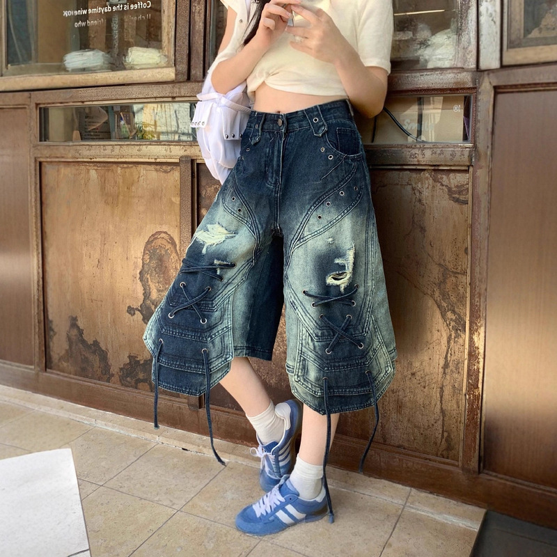 2025 American Retro Washed Distressed Denim Shorts for Women, New Summer High Street Loose Slimming Straight Five-Point Pants 2025 American Retro Washed Distressed Denim Shorts for Women, New Summer High Street Loose Slimming Straight Five-Point Pants