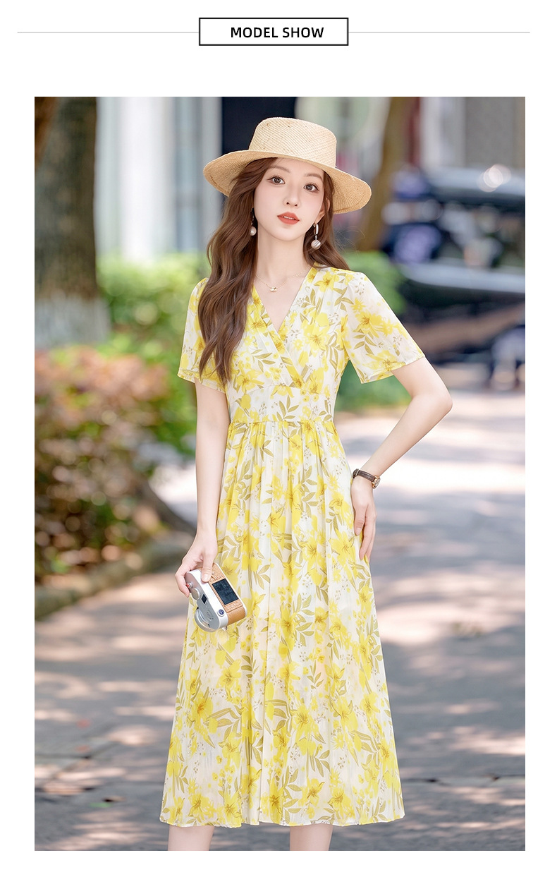 Đầm maxi nữ thắt eo họa tiết hoa nhí cổ V xếp ly tay ngắn — xanh lam, Màu hồng, màu vàng chi tiết 18