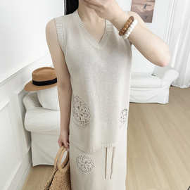 SW系列莱赛尔亚麻背心半裙套装女26秋季新款针织钩花套装