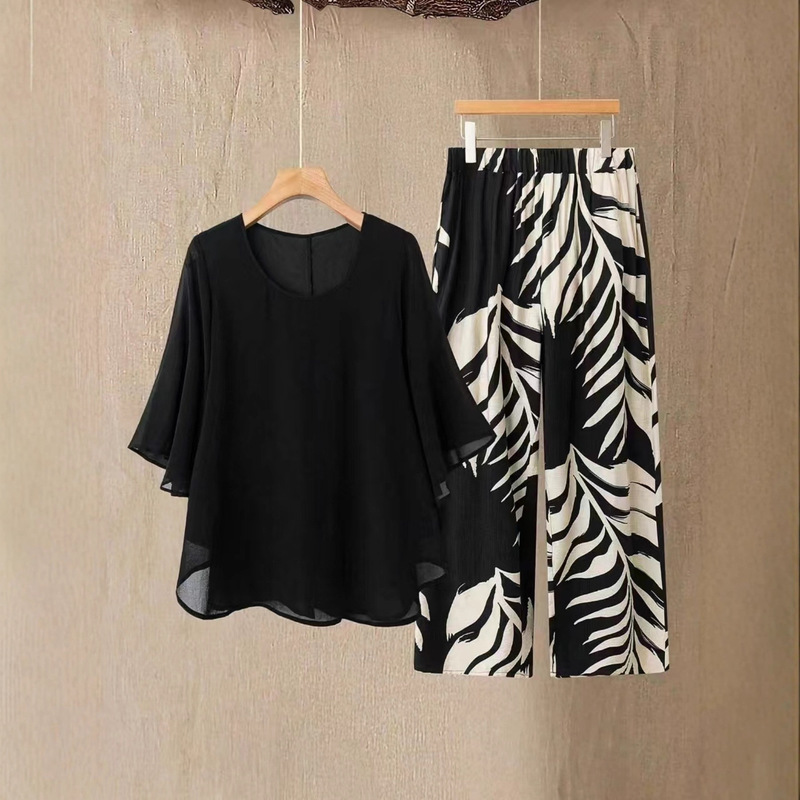 Cross-Border Foreign Trade Best-Selling Elegant Women's Two-Piece Set, Short-Sleeved Top with Chiffon Double Layer and Printed Design on Long Pants Cross-Border Foreign Trade Best-Selling Elegant Women's Two-Piece Set, Short-Sleeved Top with Chiffon Double Layer and Printed Design on Long Pants