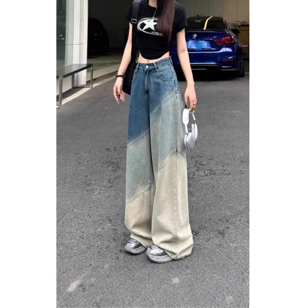 渐变设计感休闲阔腿牛仔裤春秋新款时尚百搭宽松显瘦直筒拖地牛仔