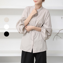 出口日本秋季女装女式衬衫女泡泡袖小个子设计感宽松纯色百搭上衣