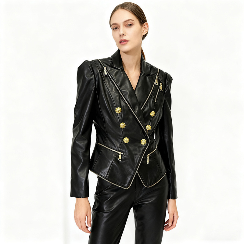 In Stock 2026 New European and American Celebrity Fashion Zipper Trim Double-Breasted Slim Fit Leather Suit Jacket
