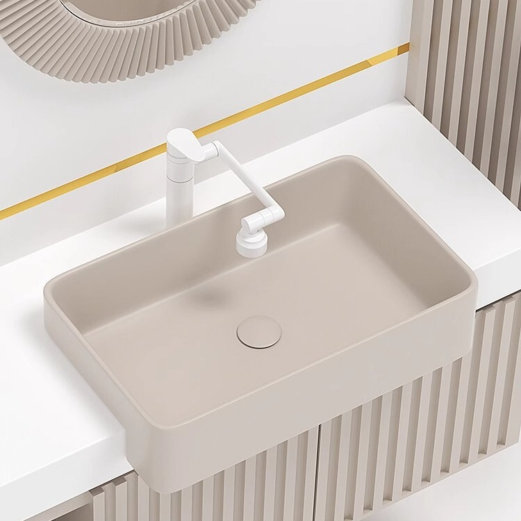 カーキ色半掛式台盆洗面器半嵌め込み式陶磁器洗面器ホテル台中盆角型狭い盆|undefined