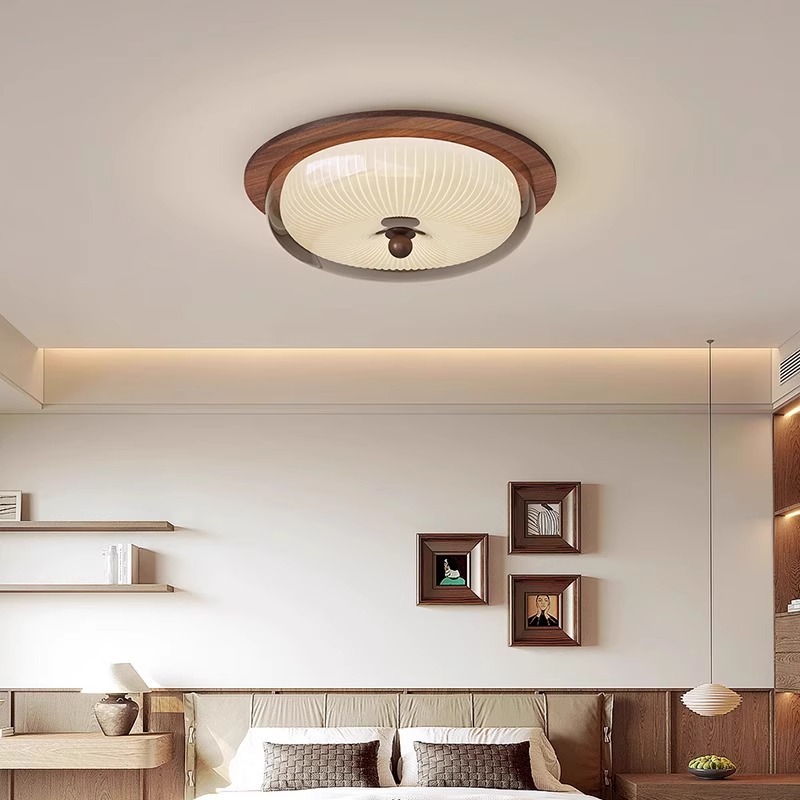 Lámpara de techo de dormitorio de estilo antiguo francés, color nogal retro, vidrio de madera maciza, LED circular, luz de protección ocular de espectro completo